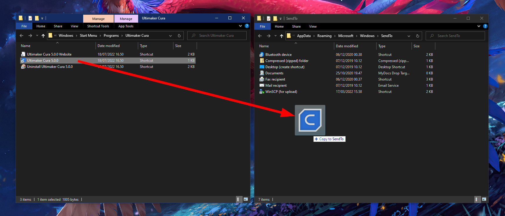 Create a new shortcut in the Send to folder